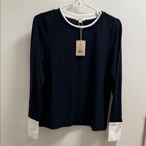NIC+ZOE Navy and White Long Sleeve Top